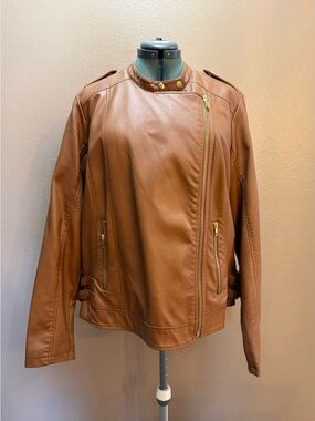 Lane Bryant Camel Faux Leather Moto Jacket Gold Zip Plus Size 22/24